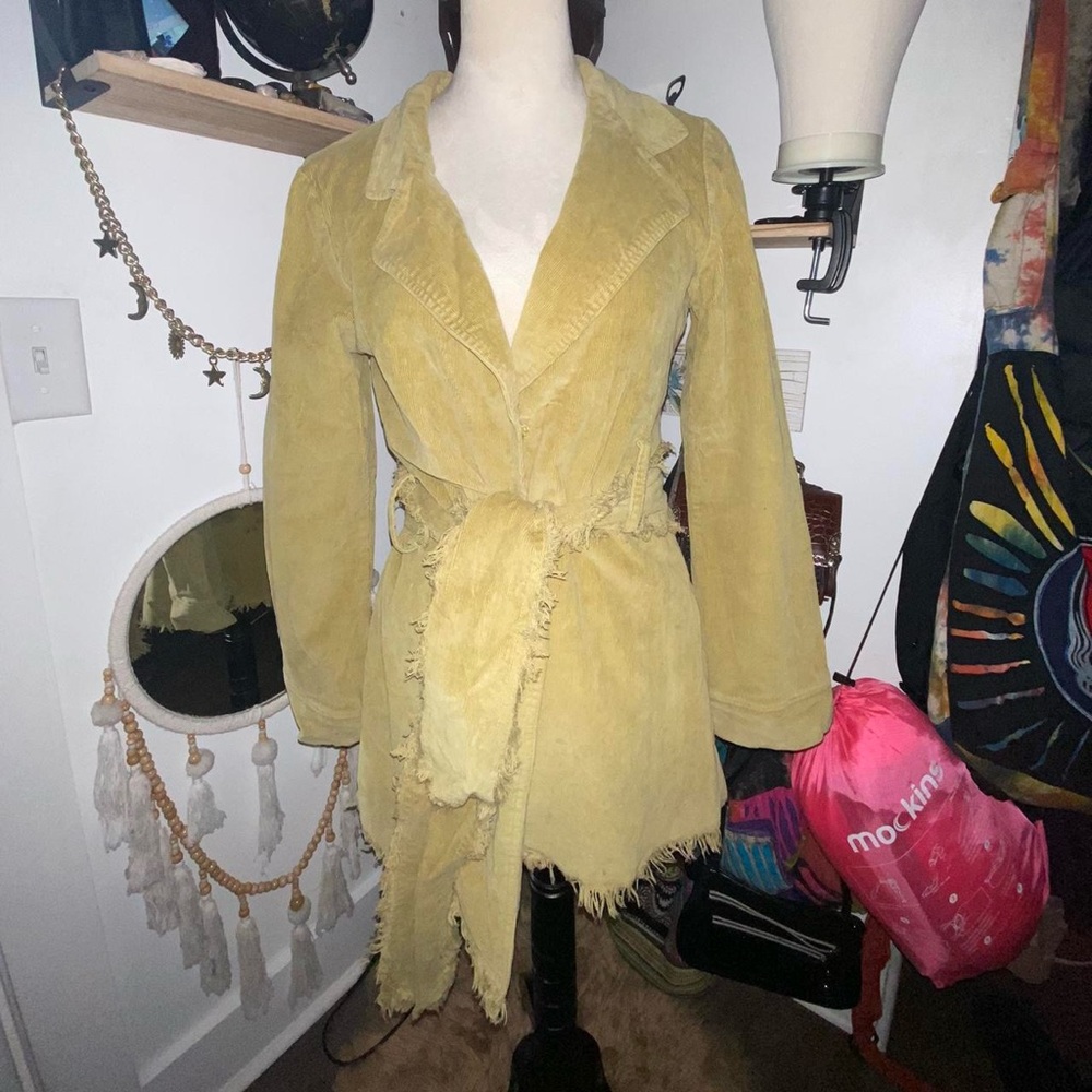 Light Green corduroy A-line Waist Coat with fringe detail
